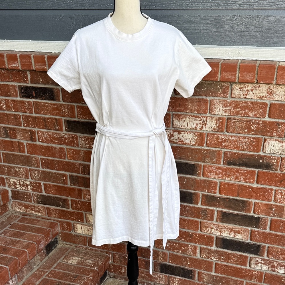 Vince White Cotton Tie Waist T-Shirt Dress Large L Minimalist Quiet Luxury